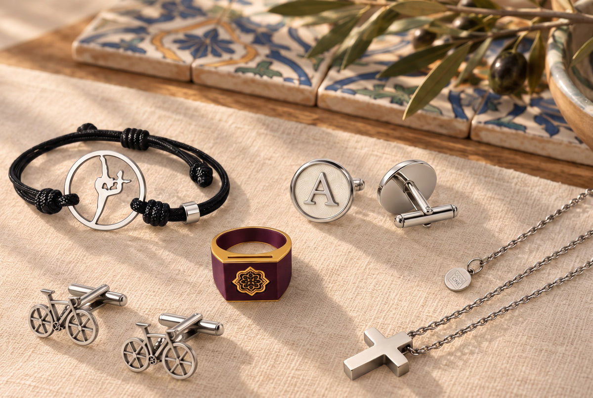 Piezas CODEONE sobre un mantel de lino con azulejos andaluces y ramas de olivo: brazalete, gemelos de bicicleta, gemelo con inicial A, anillo y cruz